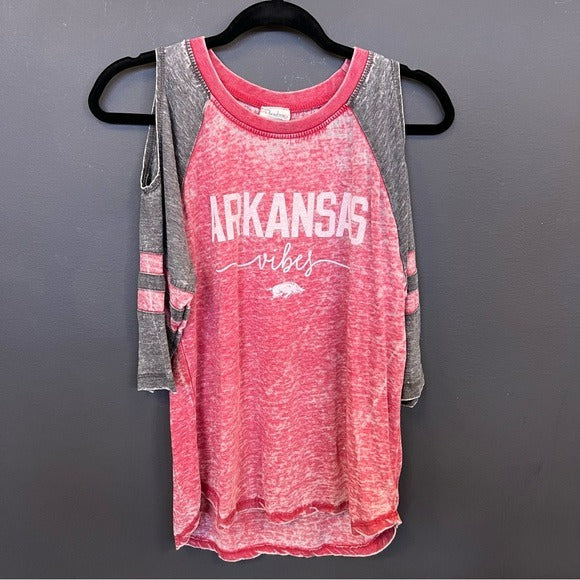 Arkansas Razorback Vibes Burnout Open Shoulder Graphic Top Large