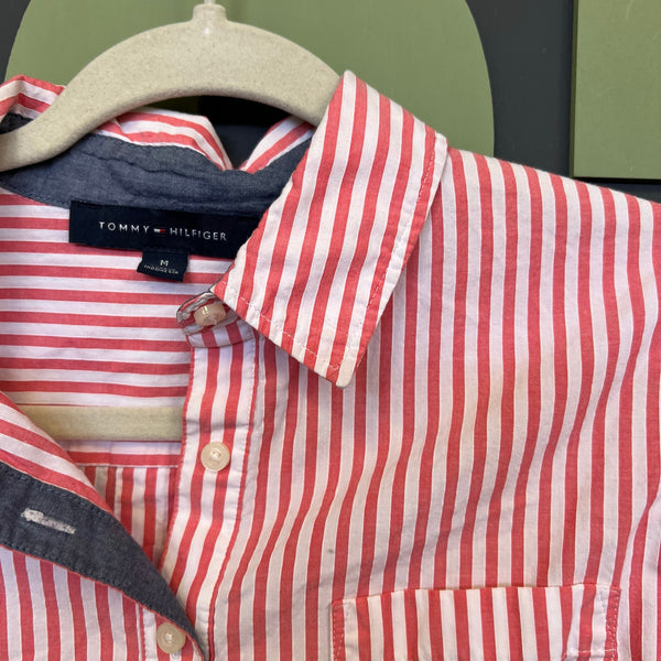 Tommy Hilfiger Red + White Striped Half Button Collared Top Medium