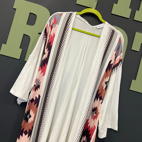 Women's Ivory Ribbed Open Front Short Sleeve Cardigan Aztec Print Large