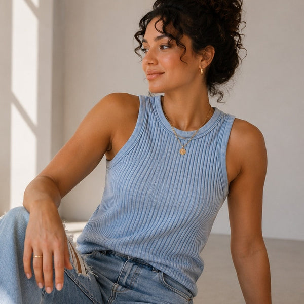 Zenana Blue Acid Washed Ribbed Tank Top Size Small/Med