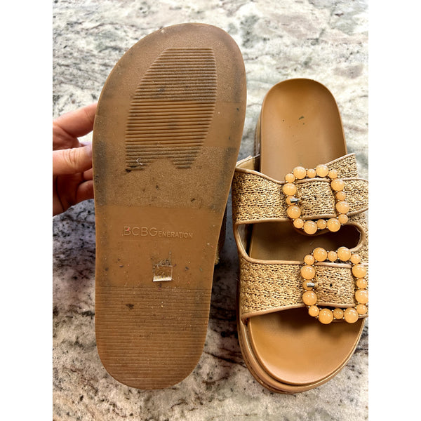 BCBGeneration Bexxi Raffia Slide Sandals with Beaded Buckles Size 8