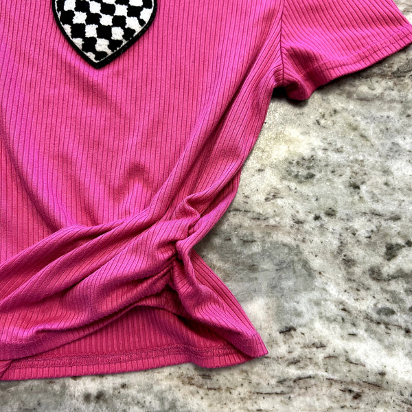 Dream Girl Pink Ribbed Checkered Heart T-Shirt Size Youth 8