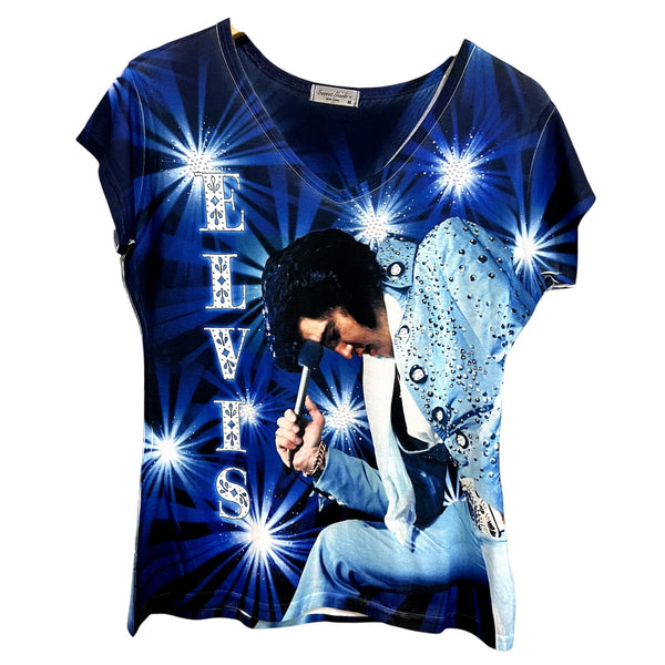 NWOT Sweet Gisele Elvis Bright Blue Rhinestone V-Neck Graphic Tee Medium