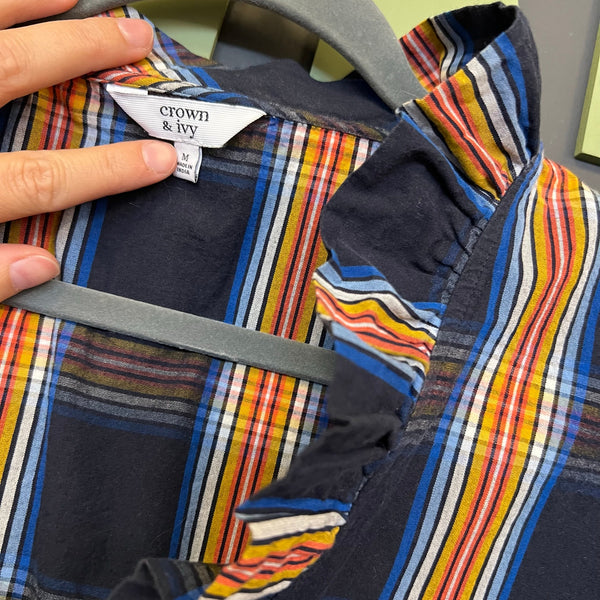 Crown & Ivy Navy Blue + Orange V-Neck Top Medium