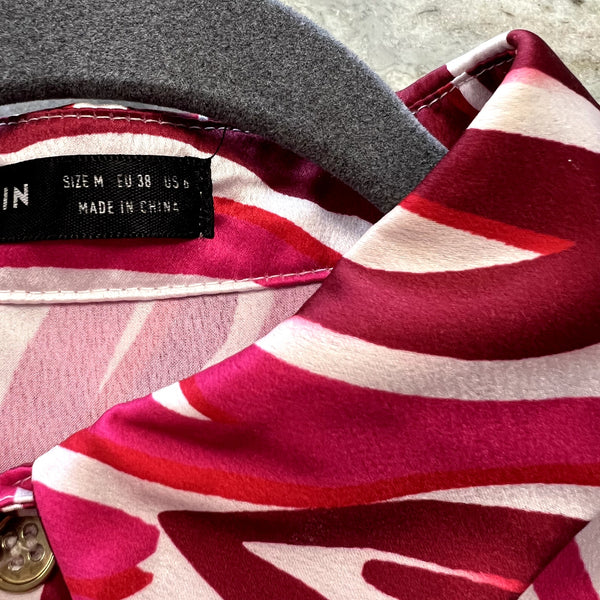 Women's Satin Magenta + White Whimsical Button Down Blouse Size Medium