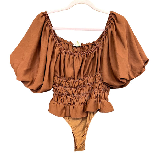 Entro Puff Sleeve Brown Smocked Bodysuit Size Small