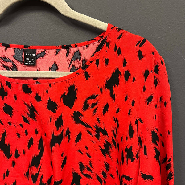 Women's Red + Black Animal Print Long Sleeve Blouse Size XL