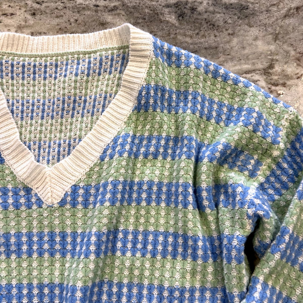 Women's Light Blue + Sage V-Neck Knit Sweater Size 2XL
