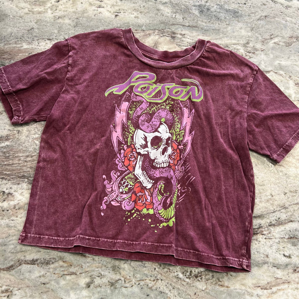 Chicka-D Maroon Acid Washed Poison Cropped Graphic Tee Large