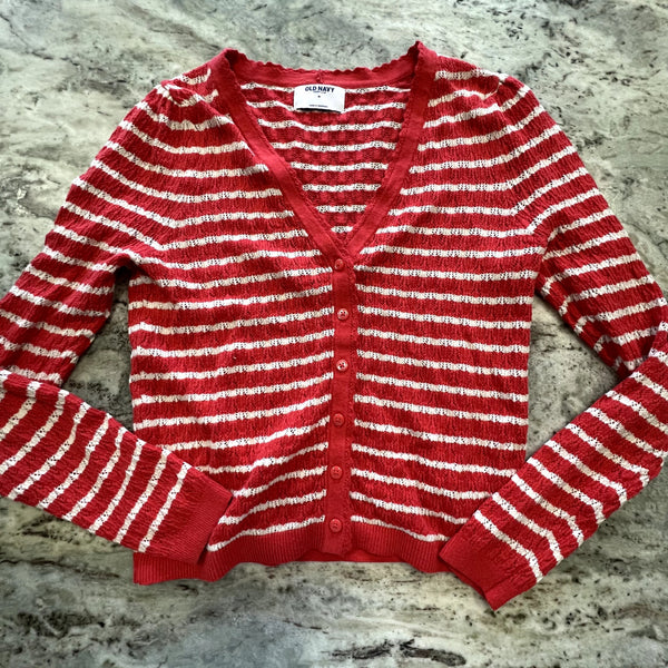 Old Navy So Soft Lite Red + White Striped Knit Cardigan Medium