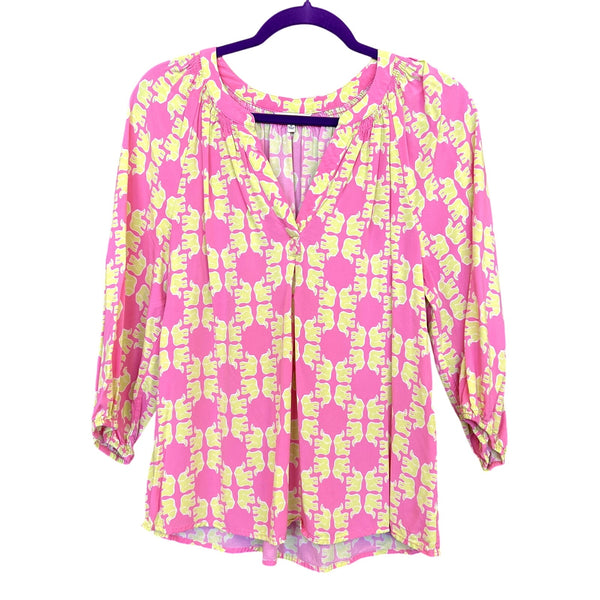 Crown + Ivy Pink + Yellow Elephant Print V-Neck 3/4 Sleeve Blouse Medium