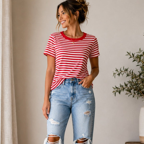 Old Navy Red + White Striped Snug Basic Tee Size Medium