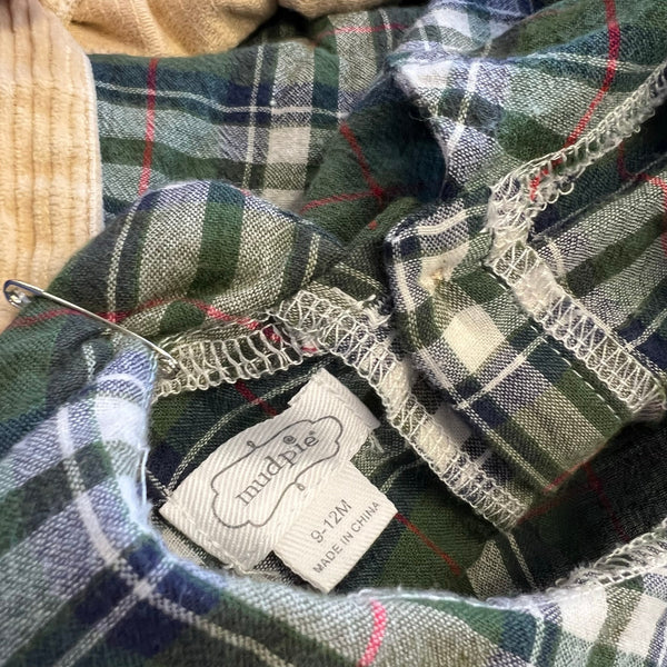 MudPie Corduroy Overalls with Plaid Undershirt Size 9-12 Mo