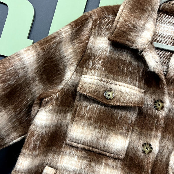 Time and Tru Faux Fur Brown Plaid Longline Button Down Trench Coat Medium