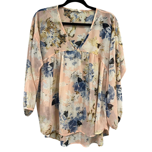 Peach Love Blush Pink Floral Bubble Sleeve Babydoll Blouse Medium