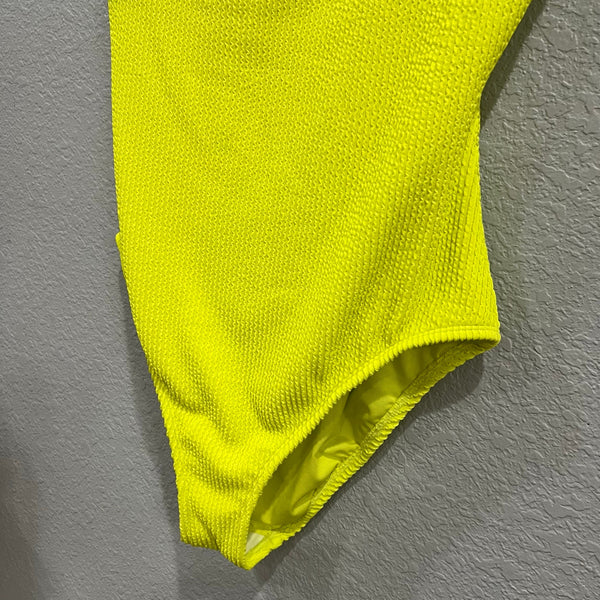 Women's Neon Yellow One Piece Square Neck Full Coverage Swimsuit Large