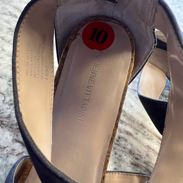 Adrienne Vetadini Black Strappy Cork Espadrille Wedge Heels Size 10
