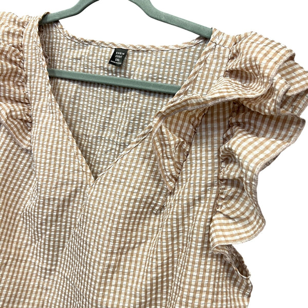 Women's Gingham Lightweight Ruffle Sleeve V-Neck Blouse Size 1XL