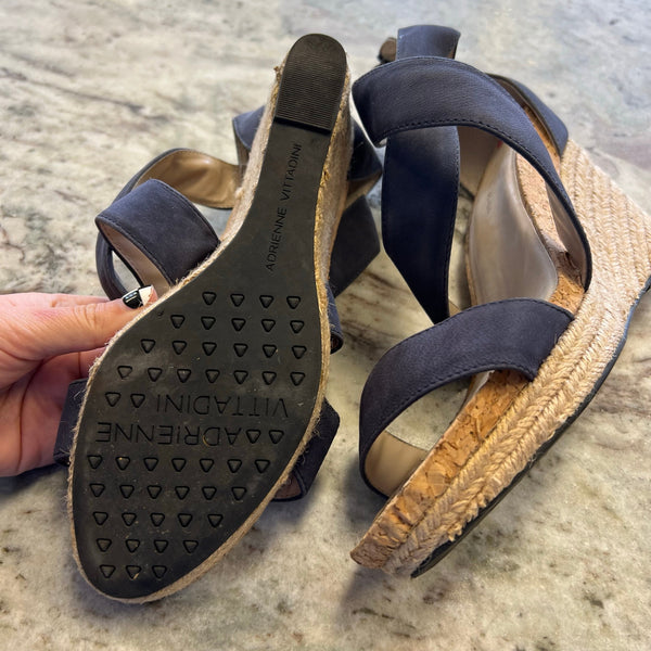 Adrienne Vetadini Black Strappy Cork Espadrille Wedge Heels Size 10