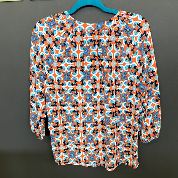 Crown + Ivy Coral & Blue Ikat Print Blouse Size Women's Large