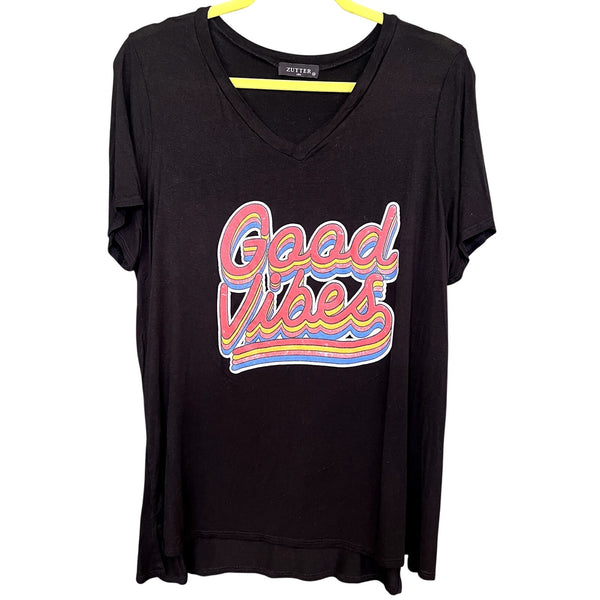 Zutter Good Vibes Black V-Neck Graphic Tee Medium