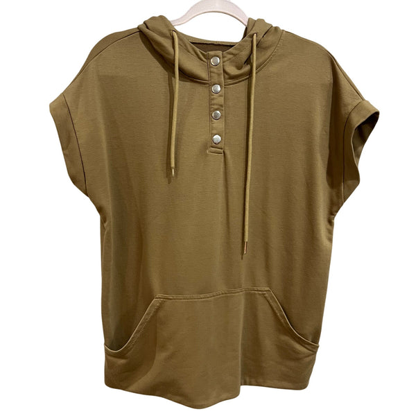 Brown Hooded Short Sleeve Quarter Button Top Medium