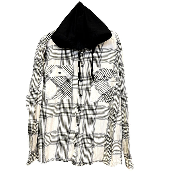 No Boundaries Men's Black + White Hooded Button Down Flannel 2XL