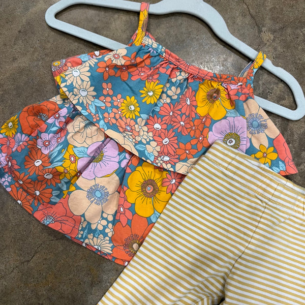 Carter's Two Piece Set Yellow Striped Leggings + Floral Ruffle Tank Size 12 Mo.