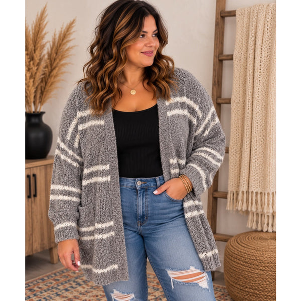 Reborn J Boutique Gray + White Striped Chunky Cardigan 3XL