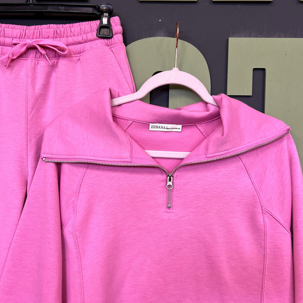 Zenana Pink Two Piece Butter Soft Jogger + Quarter Zip Set Size Small