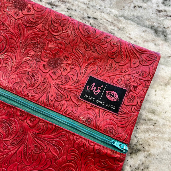 Makeup Junkie Tooled Red Leather Large Makeup Bag