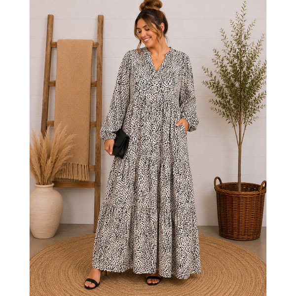 Women's Leopard Long Sleeve Maxi Dress Plus Size 3XL