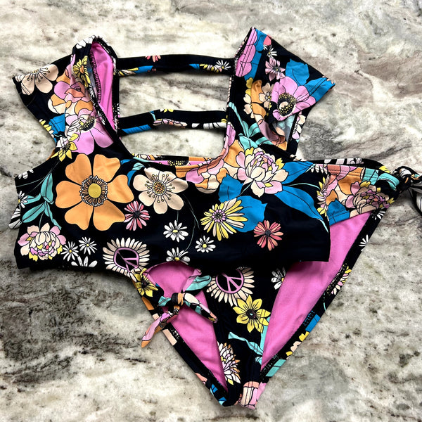 Hobie Swim Girls Black Floral Bikini Size Youth Large