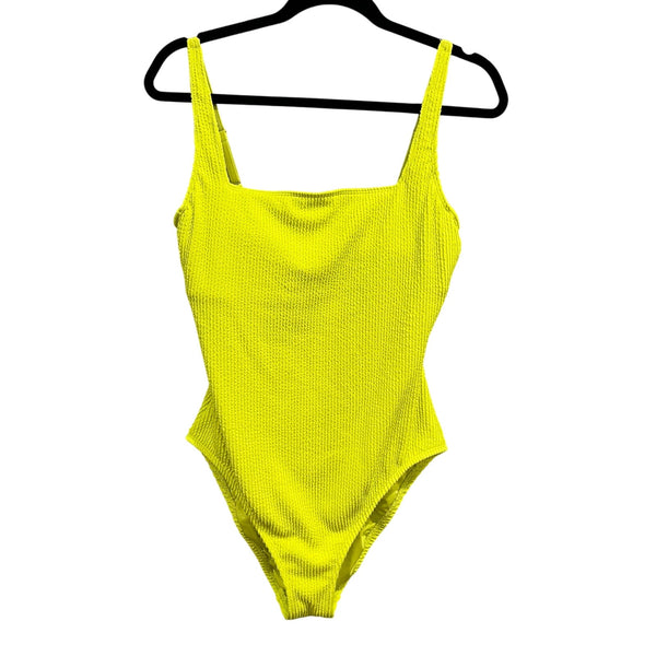 Women's Neon Yellow One Piece Square Neck Full Coverage Swimsuit Large