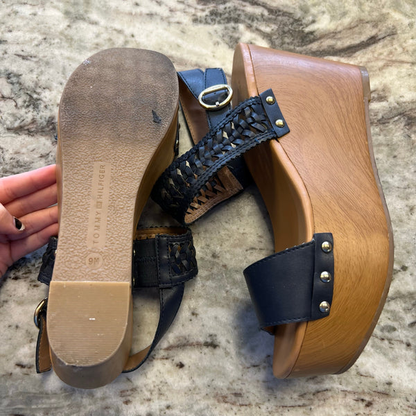 Tommy Hilfiger Black Strappy Wooden Wedge Heels Size 9