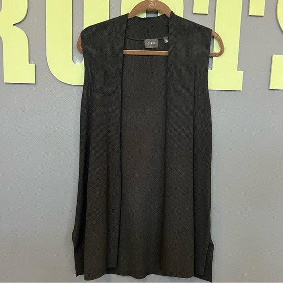 Cyrus Women’s Black Open Front Sleeveless Knit Cardigan w/ Side Slits Small