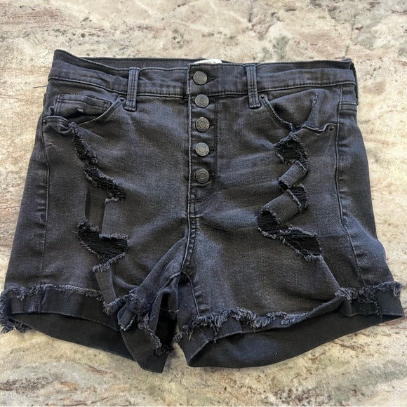 Mudd Denim Black High Rise Distressed Button Fly Midi Shorts Size 9