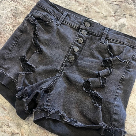 Mudd Denim Black High Rise Distressed Button Fly Midi Shorts Size 9