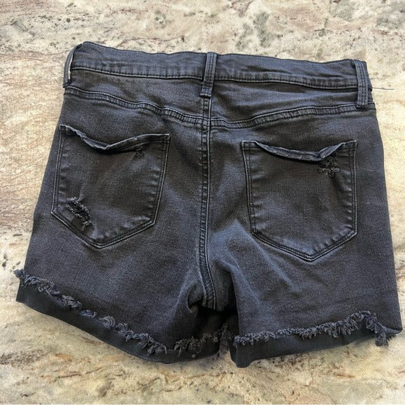 Mudd Denim Black High Rise Distressed Button Fly Midi Shorts Size 9