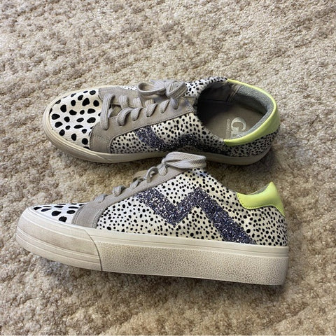 Gianni Bini Animal Print Yellow + Glitter Sneakers Size 7.5