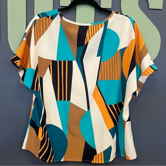 Women’s Geometric Print V-Neck Chiffon Blouse Size XL