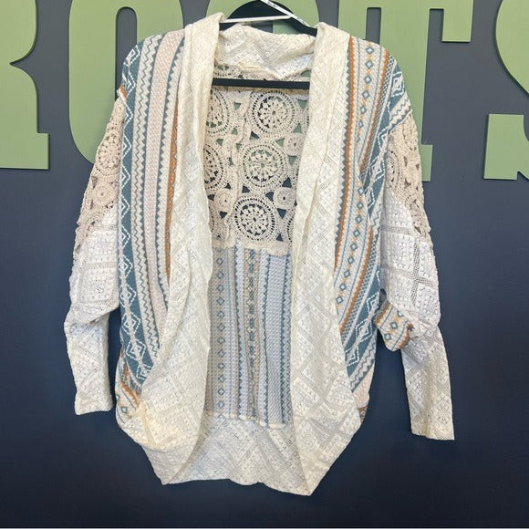 Miss Me Crochet Blue + Yellow Open Front Drop Shoulder Cardigan Medium