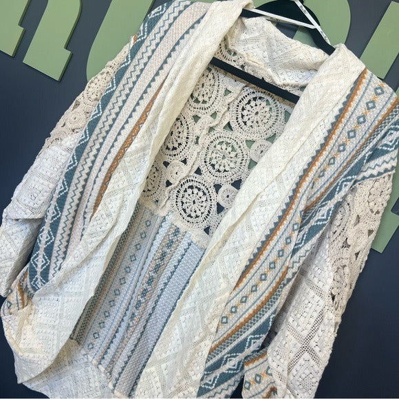 Miss Me Crochet Blue + Yellow Open Front Drop Shoulder Cardigan Medium