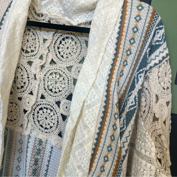 Miss Me Crochet Blue + Yellow Open Front Drop Shoulder Cardigan Medium