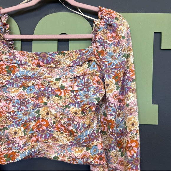 Entro Floral Square Neck Smocked Bubble Long Sleeve Blouse Large