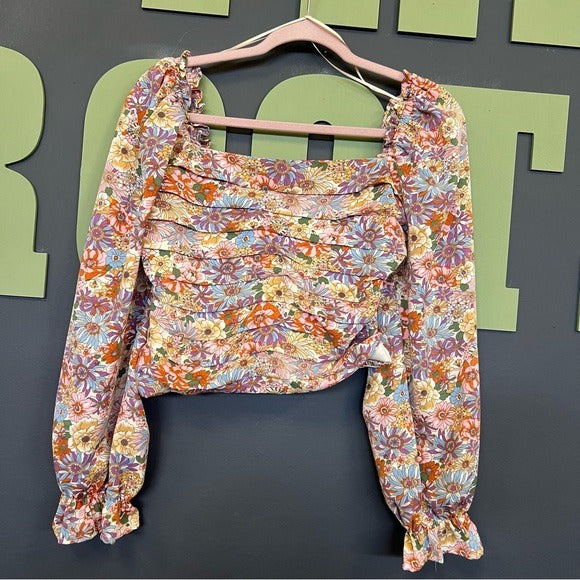 Entro Floral Square Neck Smocked Bubble Long Sleeve Blouse Large