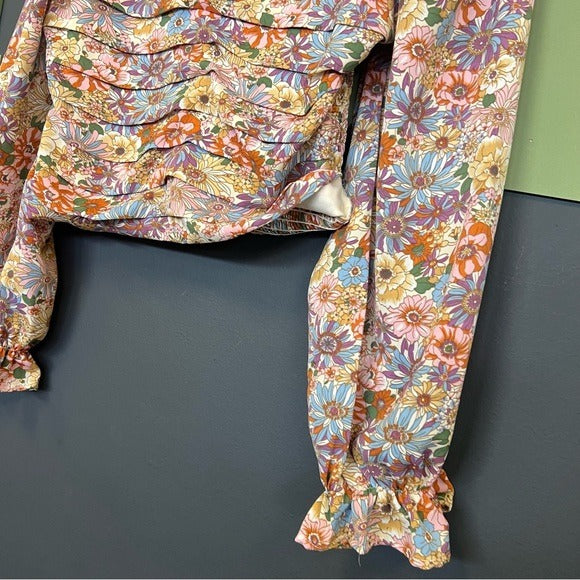 Entro Floral Square Neck Smocked Bubble Long Sleeve Blouse Large