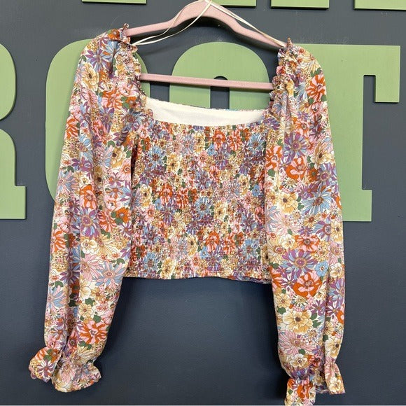 Entro Floral Square Neck Smocked Bubble Long Sleeve Blouse Large
