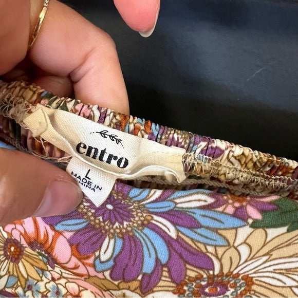 Entro Floral Square Neck Smocked Bubble Long Sleeve Blouse Large