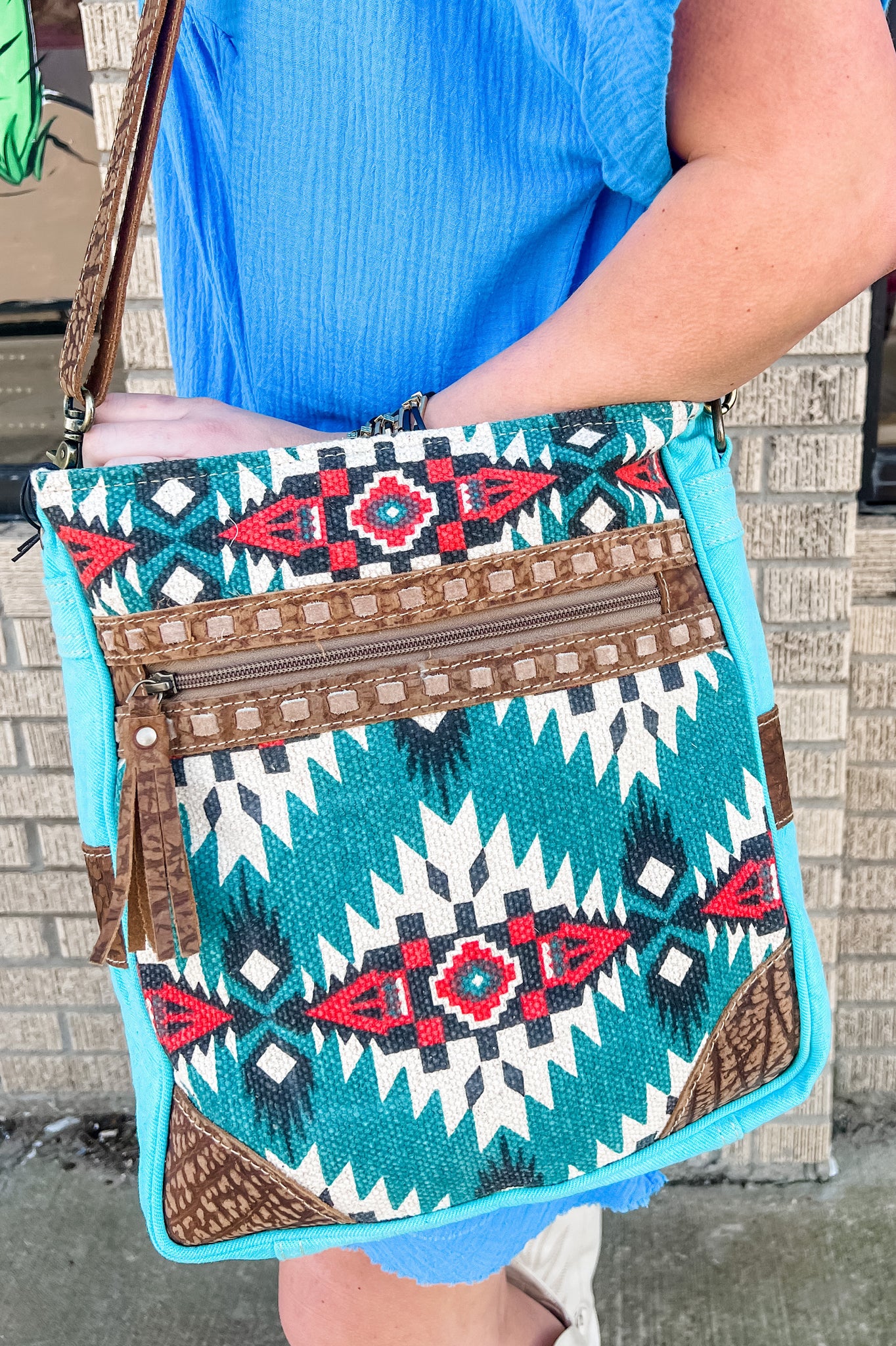 Turquoise + Ruby Red Tribal Crossbody